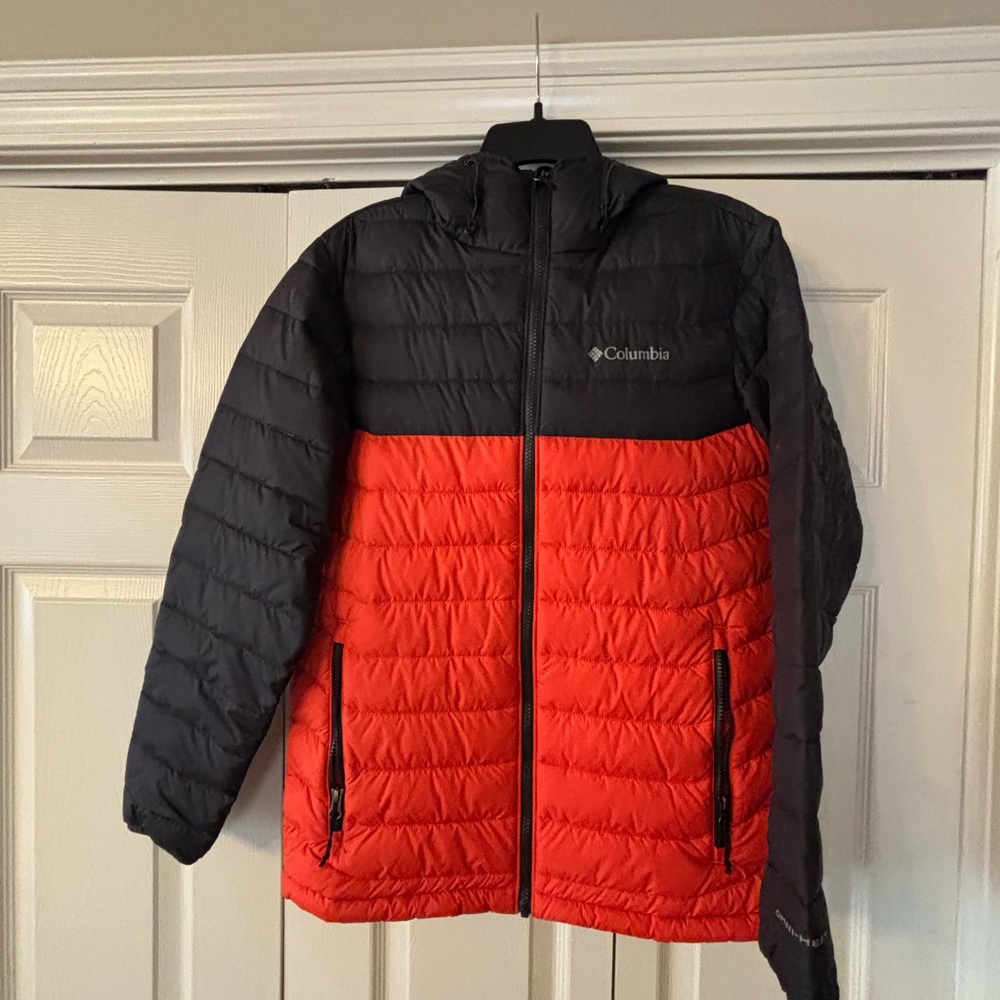 Columbia powder lite hooded jacket—Black and orange